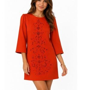 Cynthia Steffe 10 Shift Dress Orange Laser Cut Embroidery Bell Sleeve 3/4 Mini
